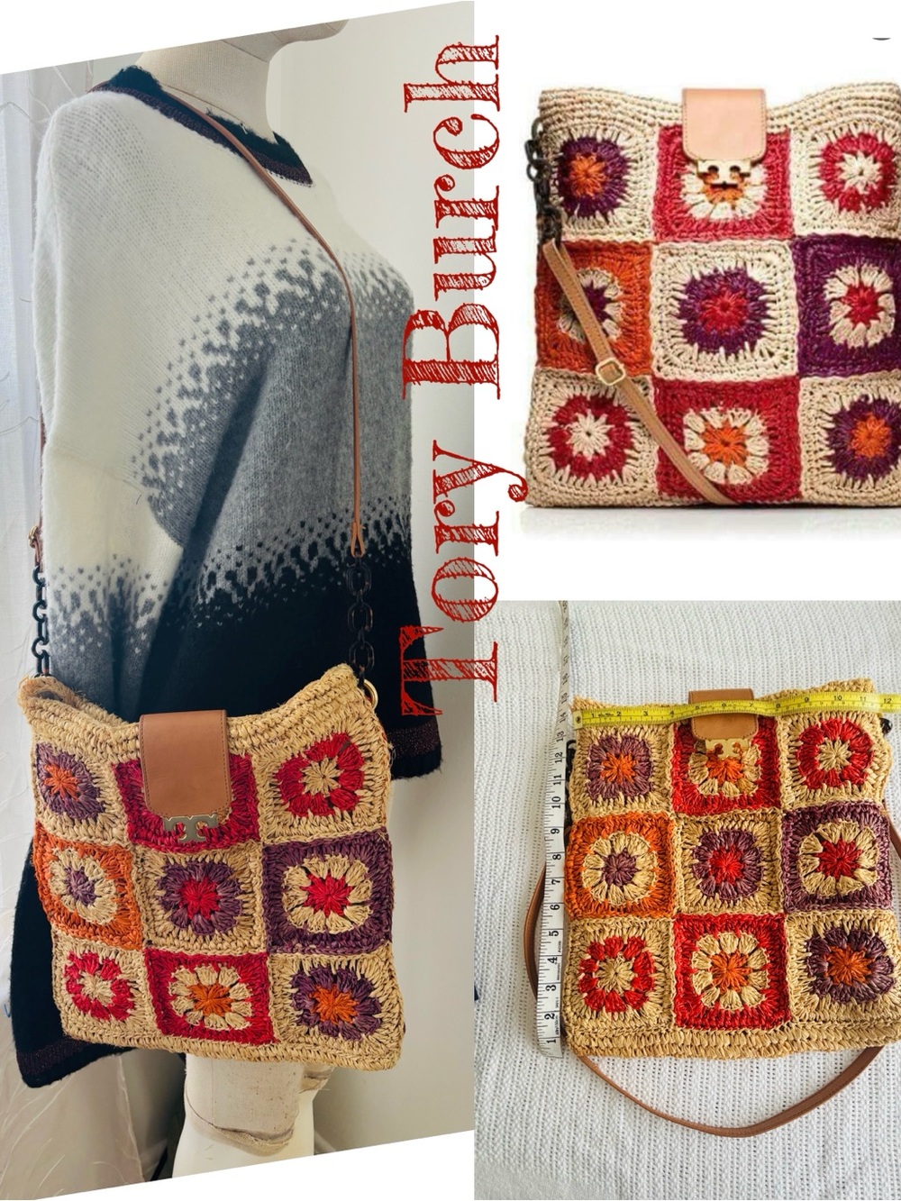Tory Burch Crochet Square Crossbody Bag in Beige, Pink, Orange, Purple